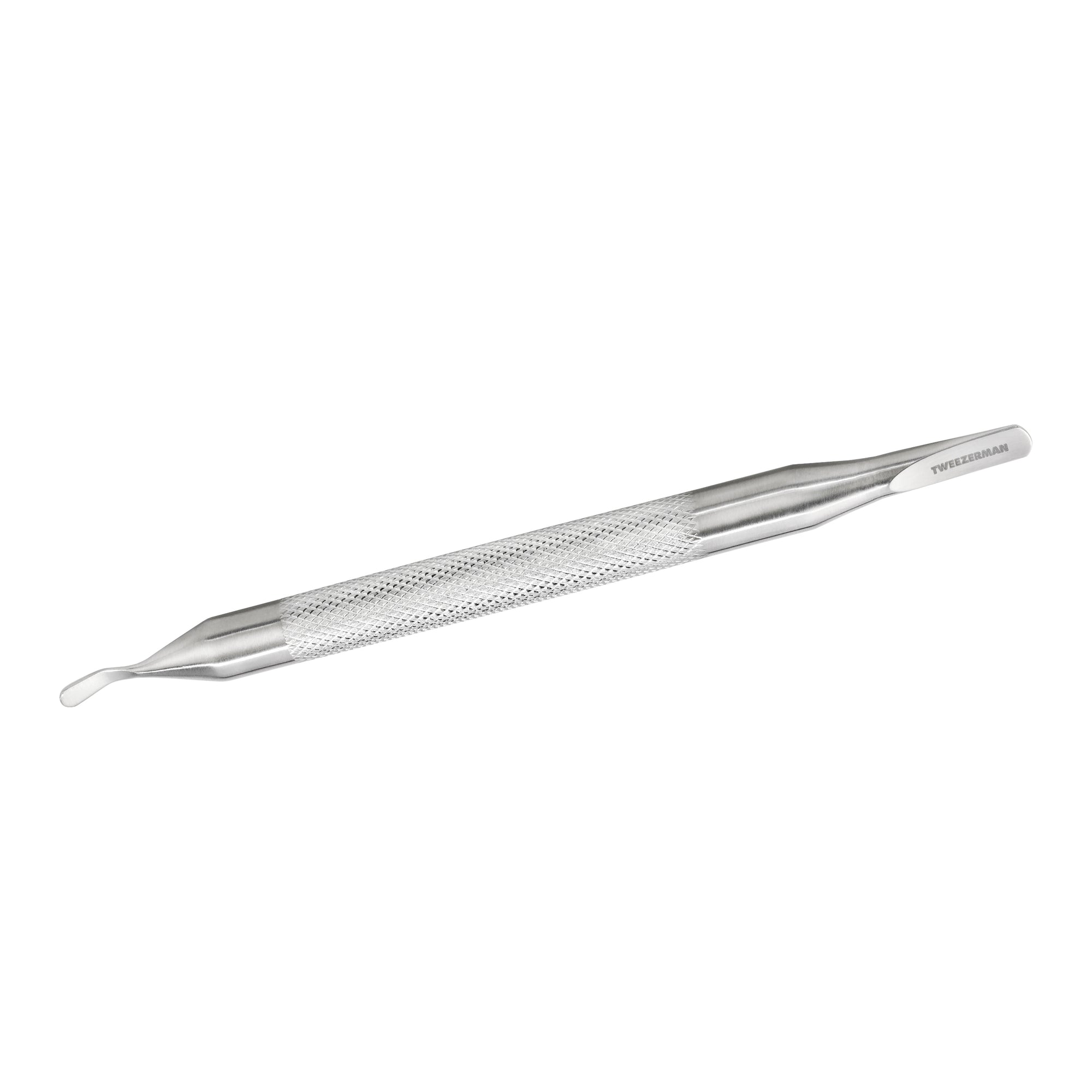 Dual ended stainless steel mens pushy and cleaner with textured body grip. One end has flat pushy and other end is curved for cleaning nail