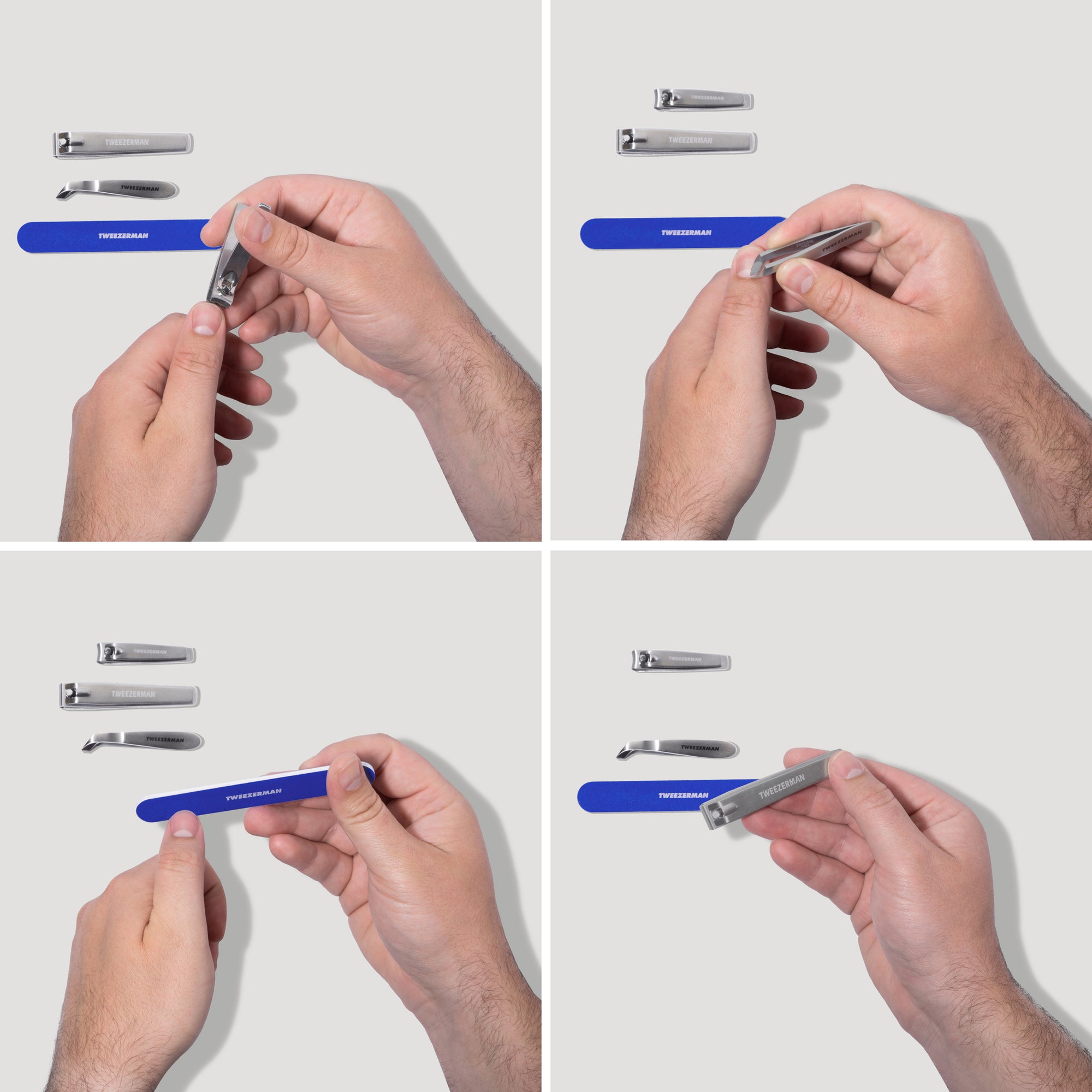 Model using nail clipper, Model using mini cuticle nipper, Model using blue nail file, Model holding toenail clipper